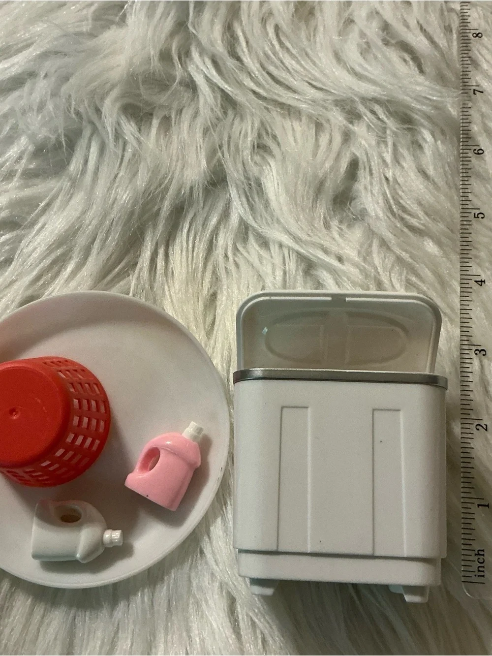 Miniature Toy Washer Set with Red Laundry Basket and Pink/White Detergent